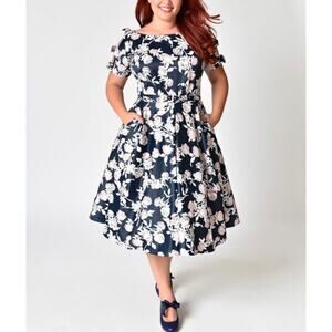 NWT Unique Vintage Selma Floral Pink Navy Fit & Flare Bow Swing Dress XXL 0X 18